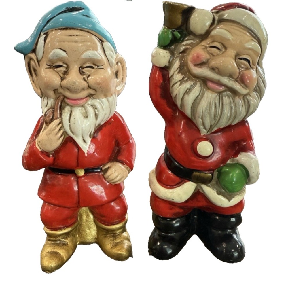 2 Vintage Christmas Paper Mache Santa and Elf Japan 5" Set of 2 Mid Century
